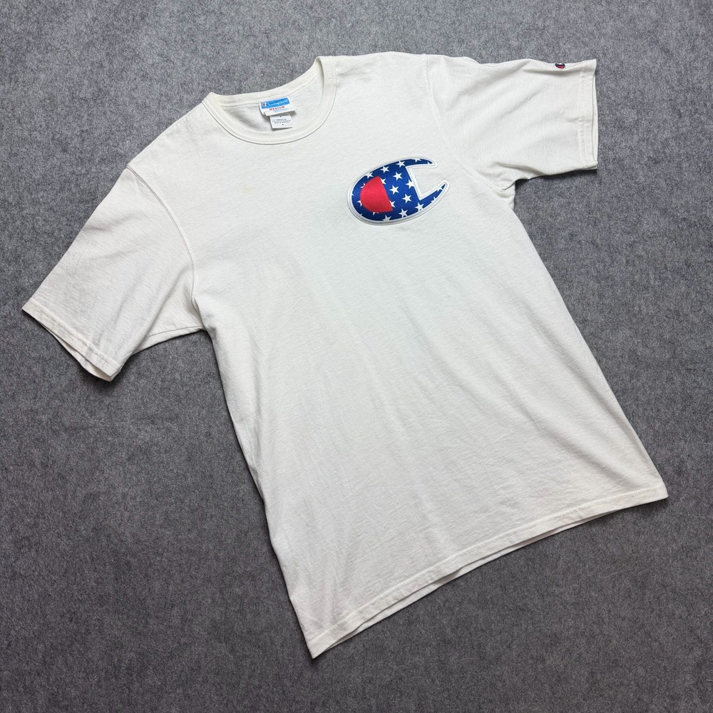 Vintage Champion Shirt Mens Medium White USA Flag Logo Graphic Tee 90's